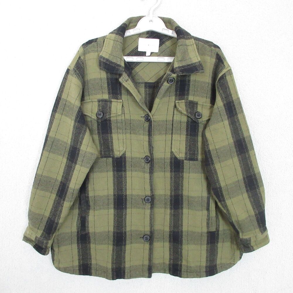 Lucky Brand Jacket Womens L Olive Black Plaid Shirt Jacket Shacket Button Cotton